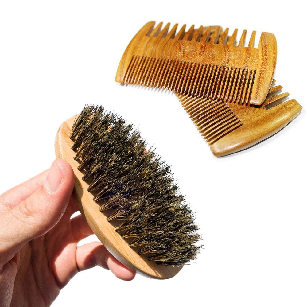 High Quality Beard Grooming Kit Natural Boar Bristle Beard Brush and Wooden Handmade Comb for Male